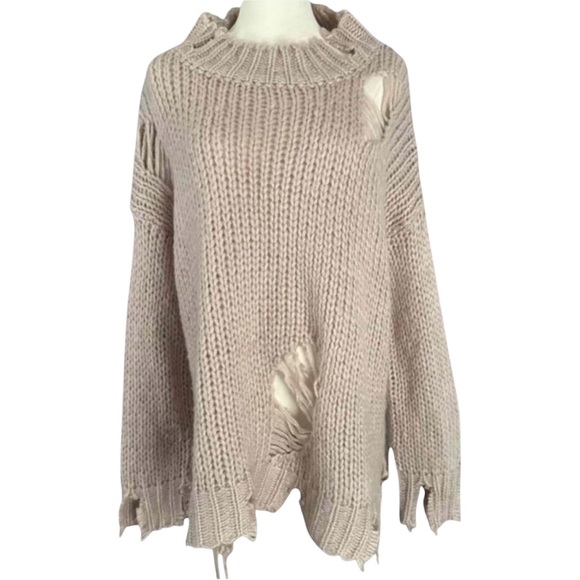 Hot & Delicious Beige Tan Oversized Distressed Tattered Sweater Lagenlook S/M - Picture 1 of 16